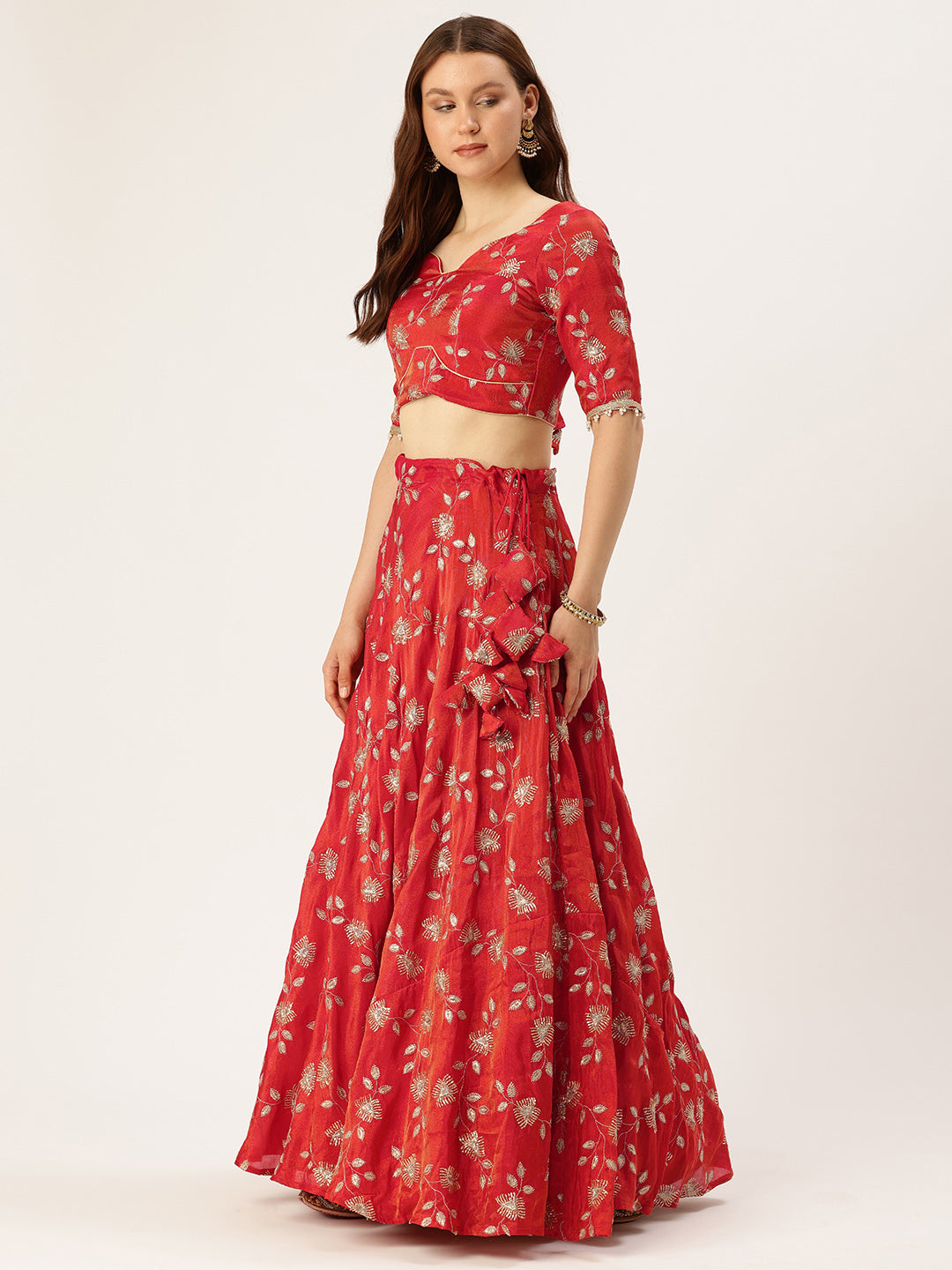 Bollywood Vogue Ready To Wear Classic Blouse N Red Viscose Embroidered Lehenga Set - Side View