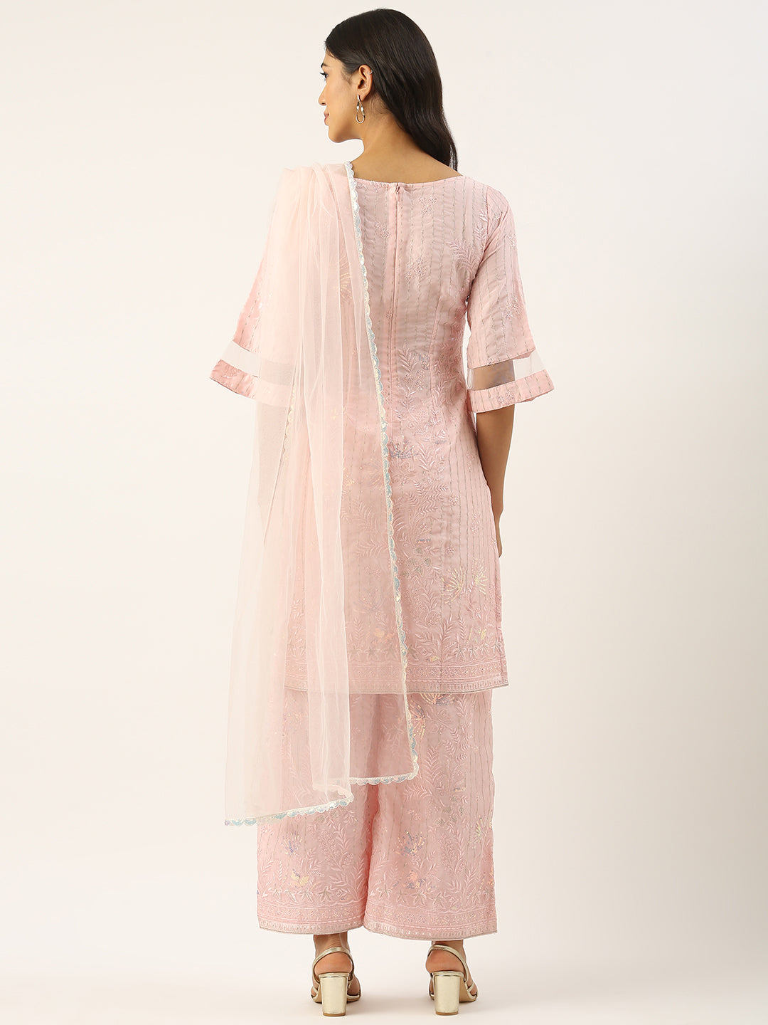 Bollywood Vogue Ready To Wear Pink Georgette Embroidered Wide Leg Pant Suit - Back View