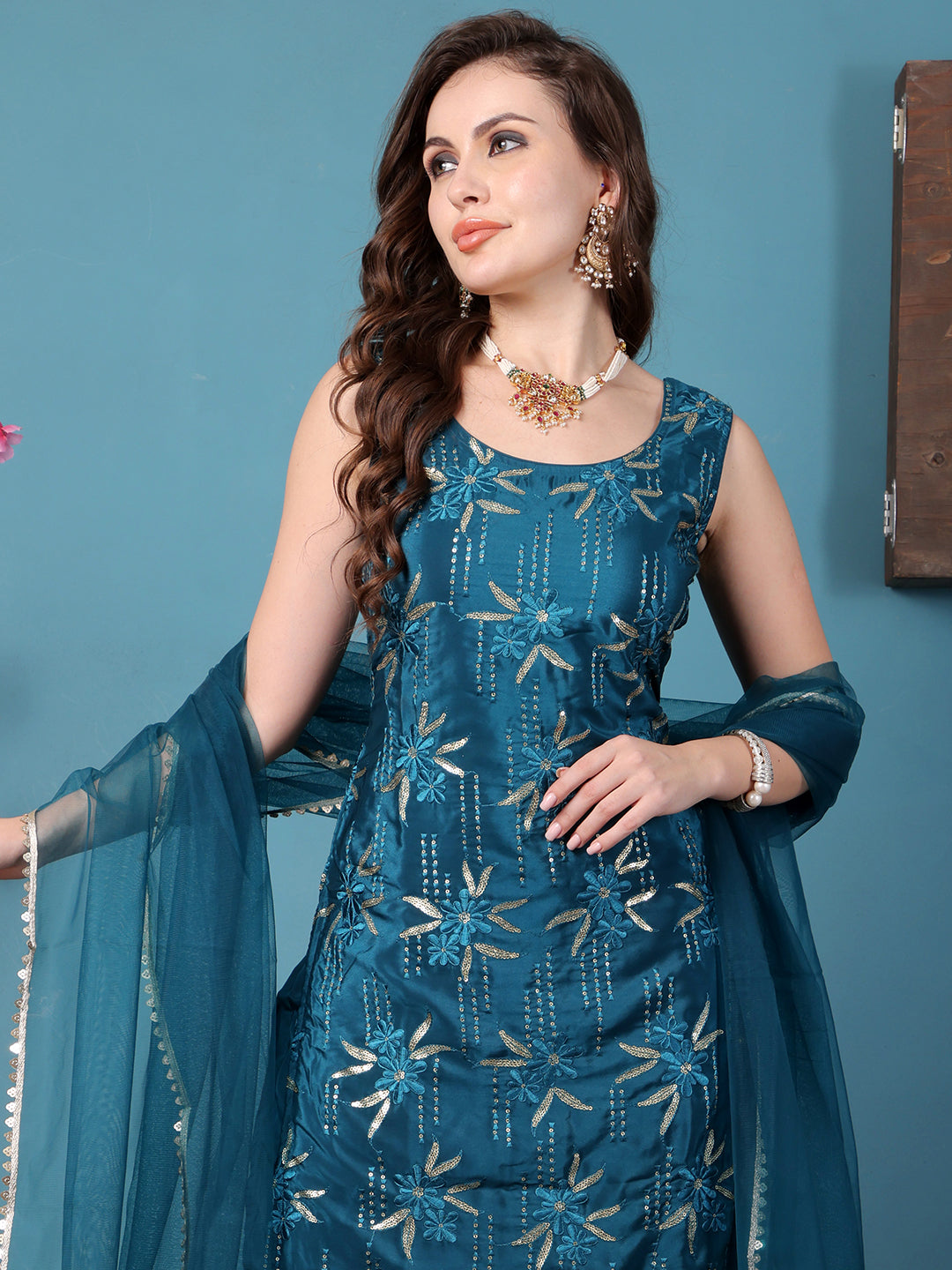 Bollywood Vogue Ready To Wear Teal Green Crepe Embroidered Salwar Kameez - Look Shot