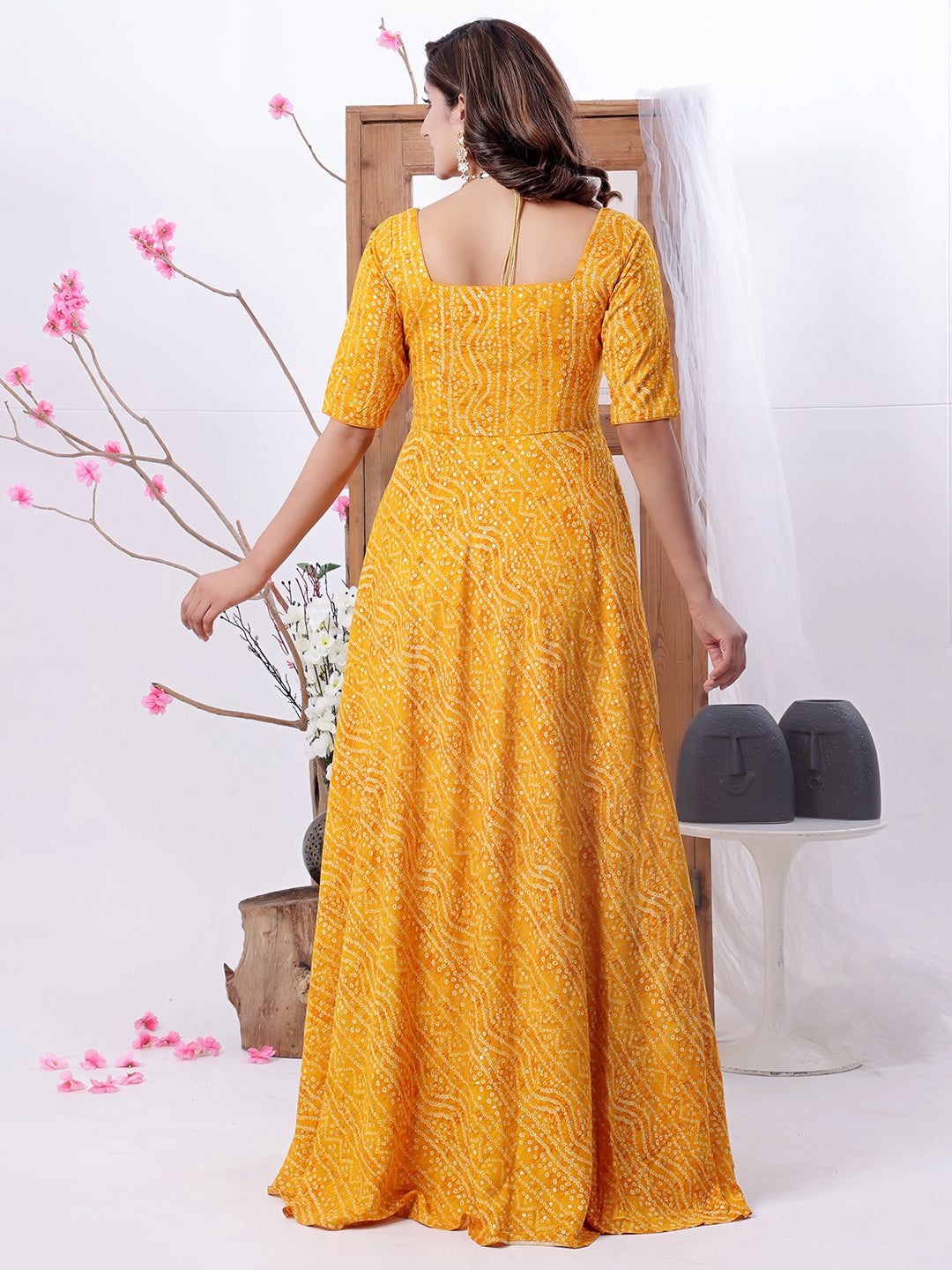 Bollywood Vogue Ready To Wear Yellow Viscose Printed Dress - Back View