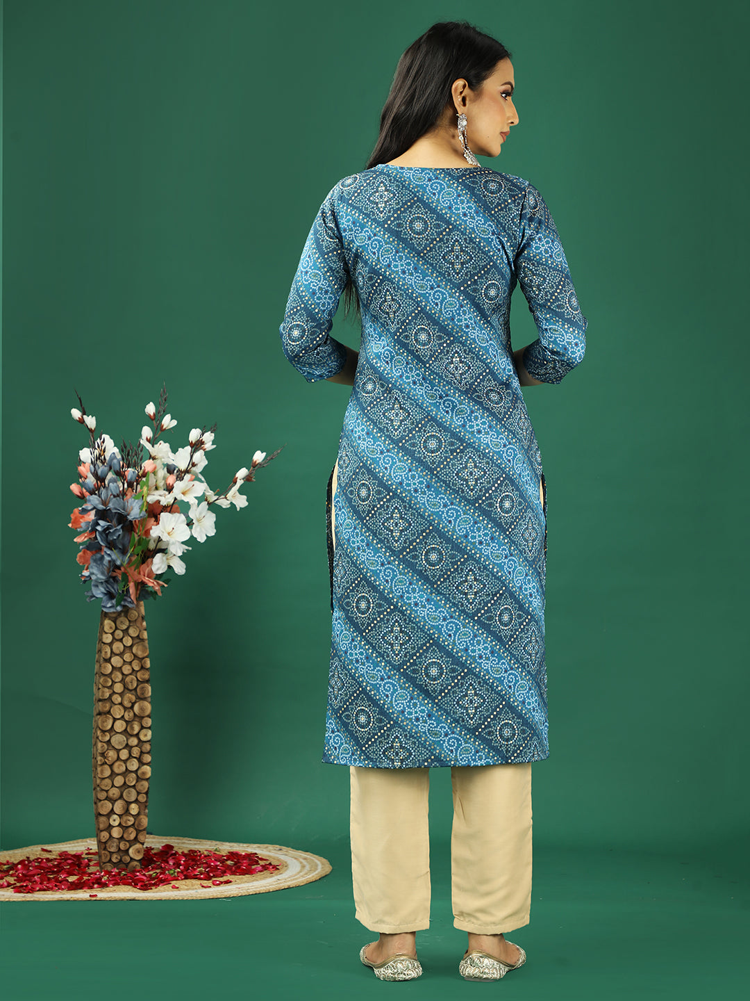 Bollywood Vogue Ready To Wear Blue Foil Print Art Silk Kurta Set - Back View