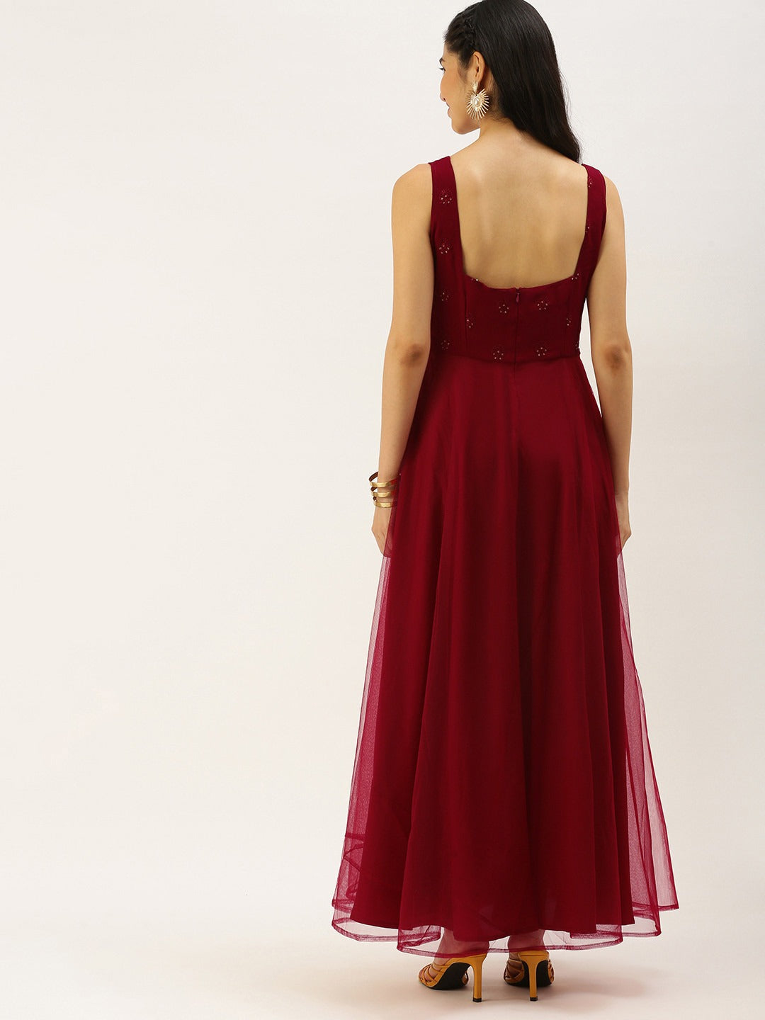 Bollywood Vogue Ready To Wear Maroon N Red Embroidered Dress - Back View