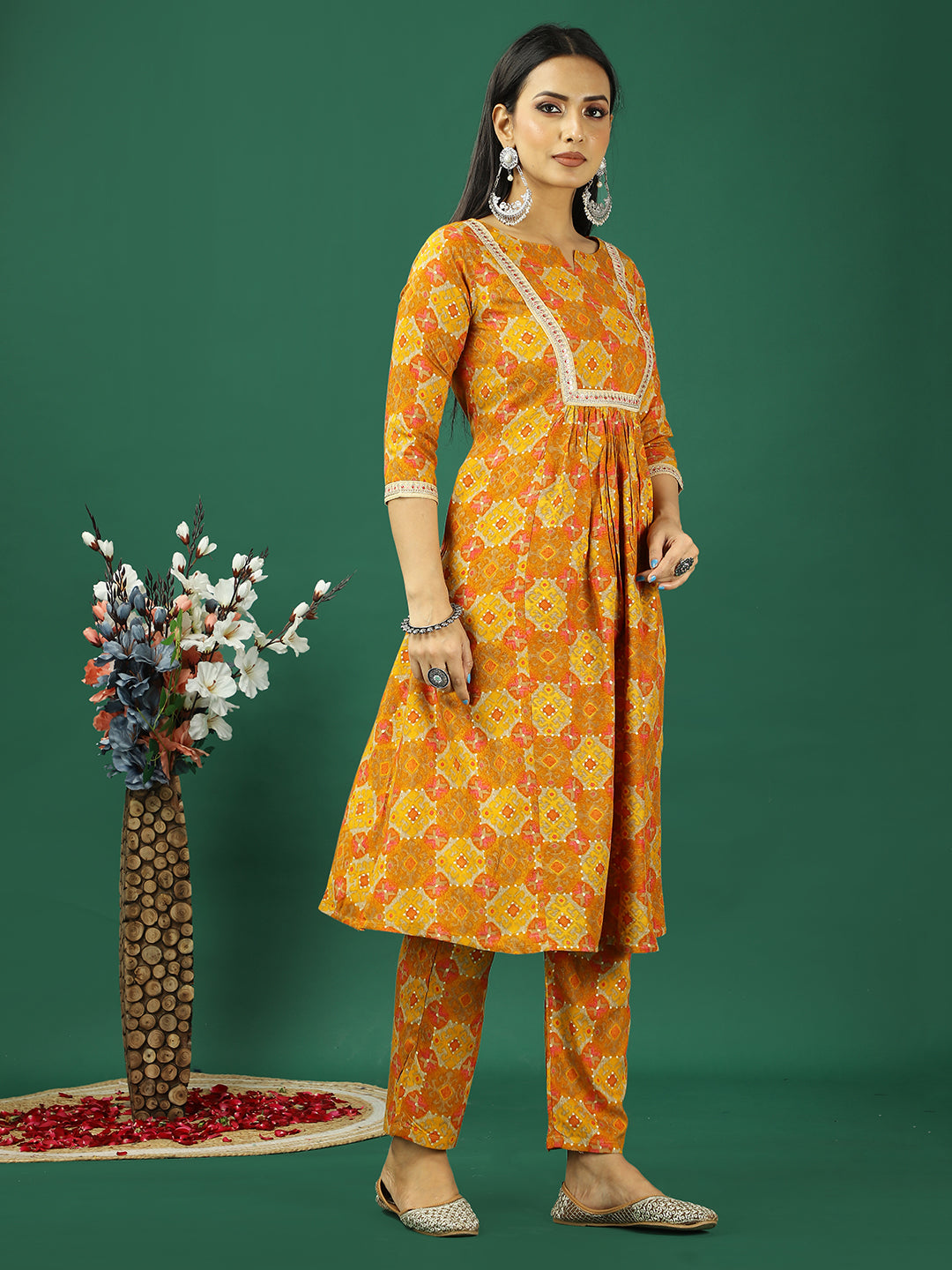 Bollywood Vogue Ready To Wear Yellow Printed Viscose Kurta Straight Pant Set - Side View