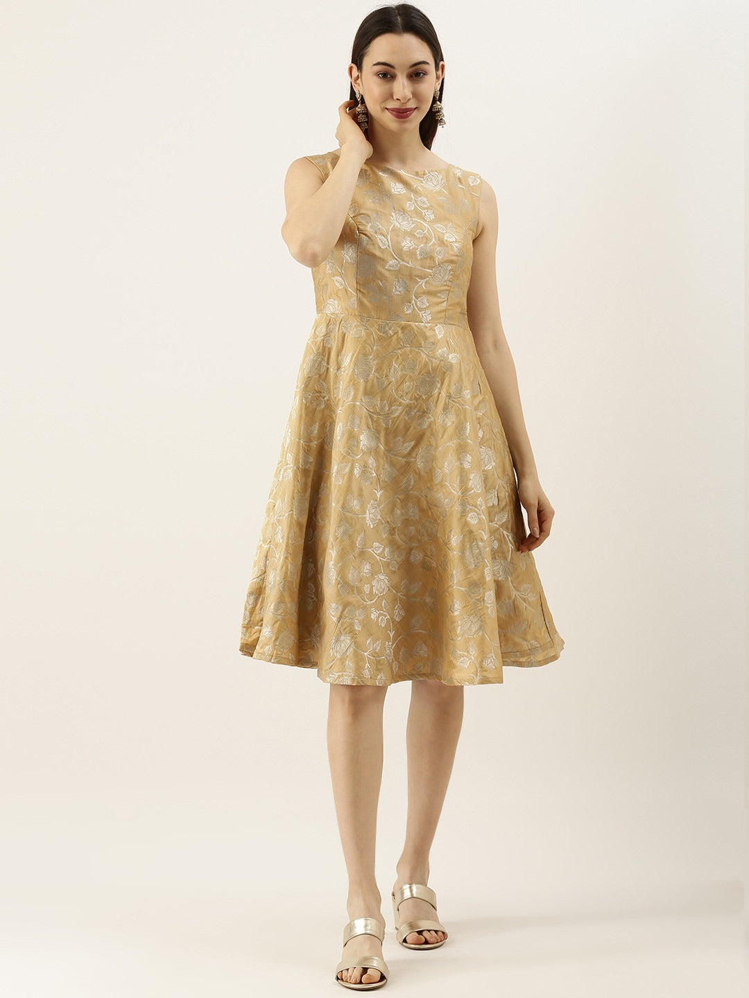 Bollywood Vogue Ready To Wear Beige Brocade Boat Neck Flared Dress - Front View