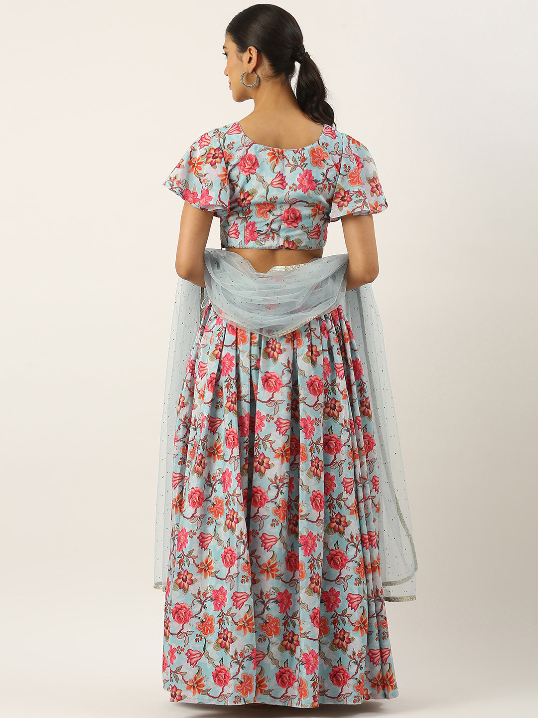 Bollywood Vogue Ready To Wear Sky Blue Art Silk Digital Print Lehenga Set - Back View