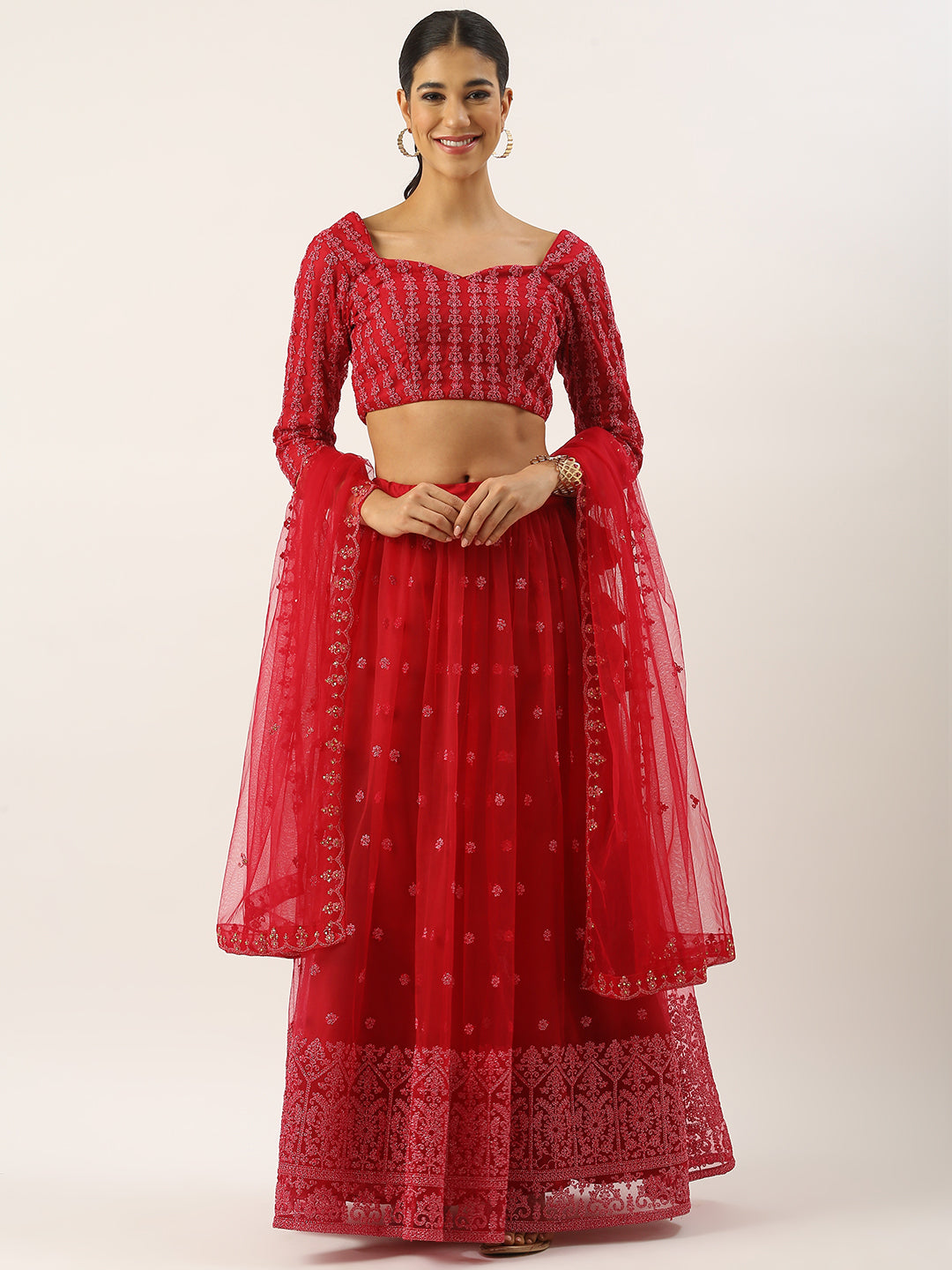 Bollywood Vogue Ready To Wear Red Net Embroidered Gathered Style Lehenga Set - Front View