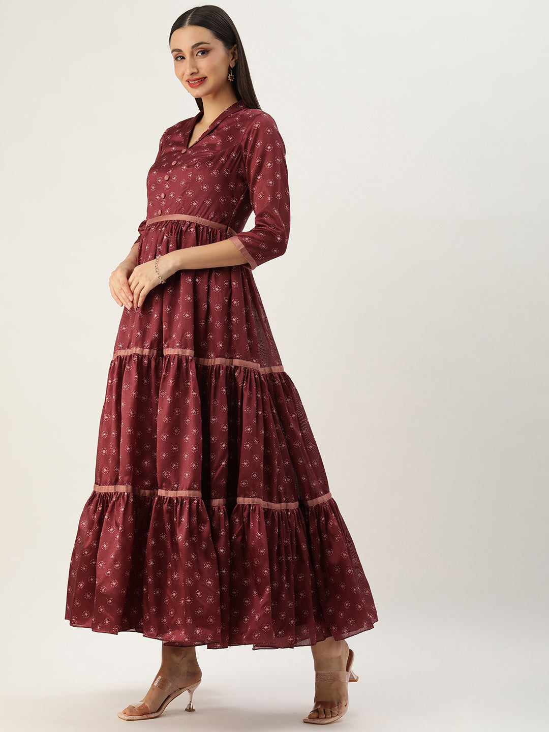 Bollywood Vogue Ready To Wear Maroon Art Silk Printed Tiered Gathered Style Gown - Side View