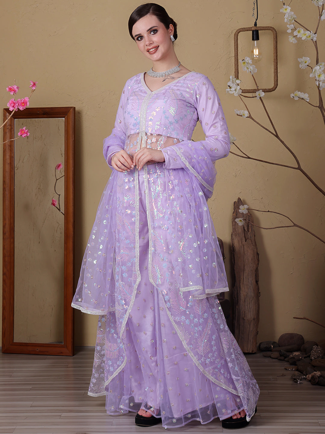 Bollywood Vogue Ready To Wear Chic Top With Net Embroidered Anarkali Palazzo Suit - Front View