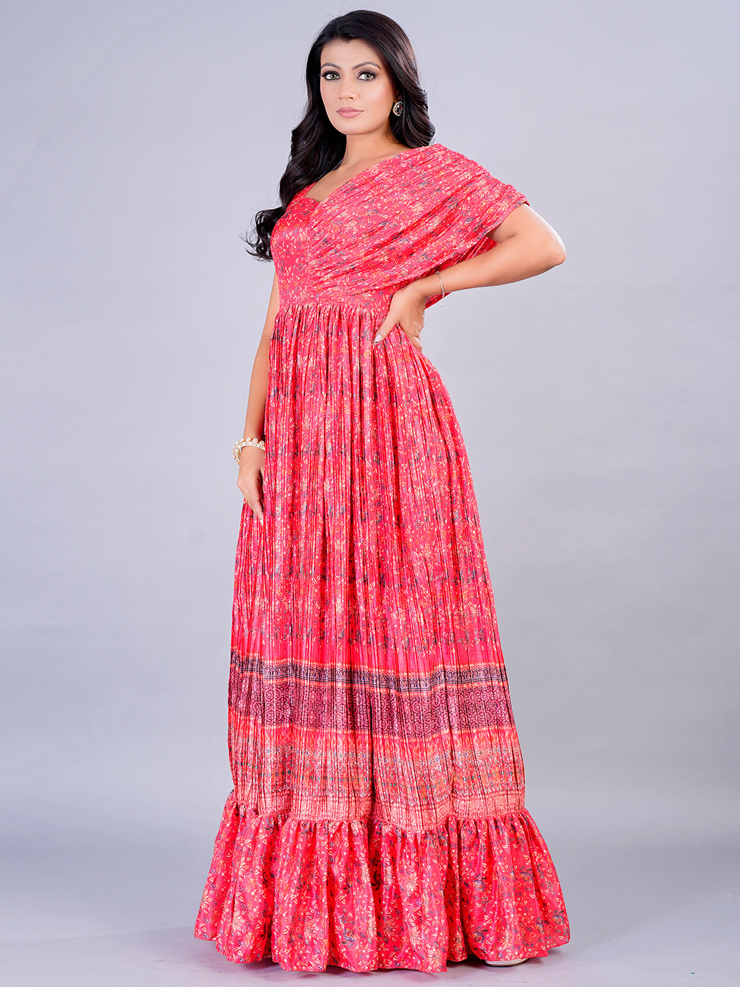 Bollywood Vogue Ready To Wear Red Chinon Digital Printed N Pleated Gown - Side View