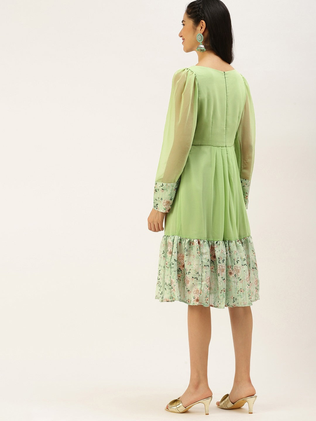 Bollywood Vogue Ready To Wear Green Digital Printed Dress - Back View