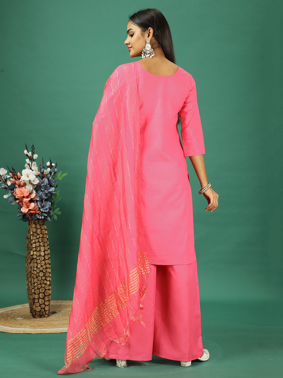 Bollywood Vogue Ready To Wear Peach Rayon Embroidered Palazzo Suit - Back View