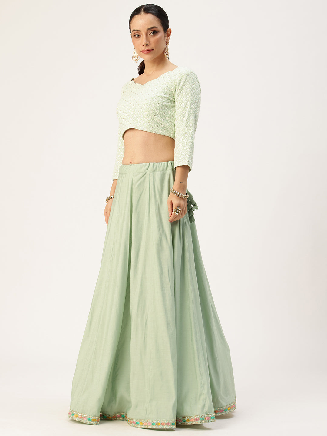 Bollywood Vogue Ready To Wear Mint Green Embroidered Kali Style Lehenga Set - Side View