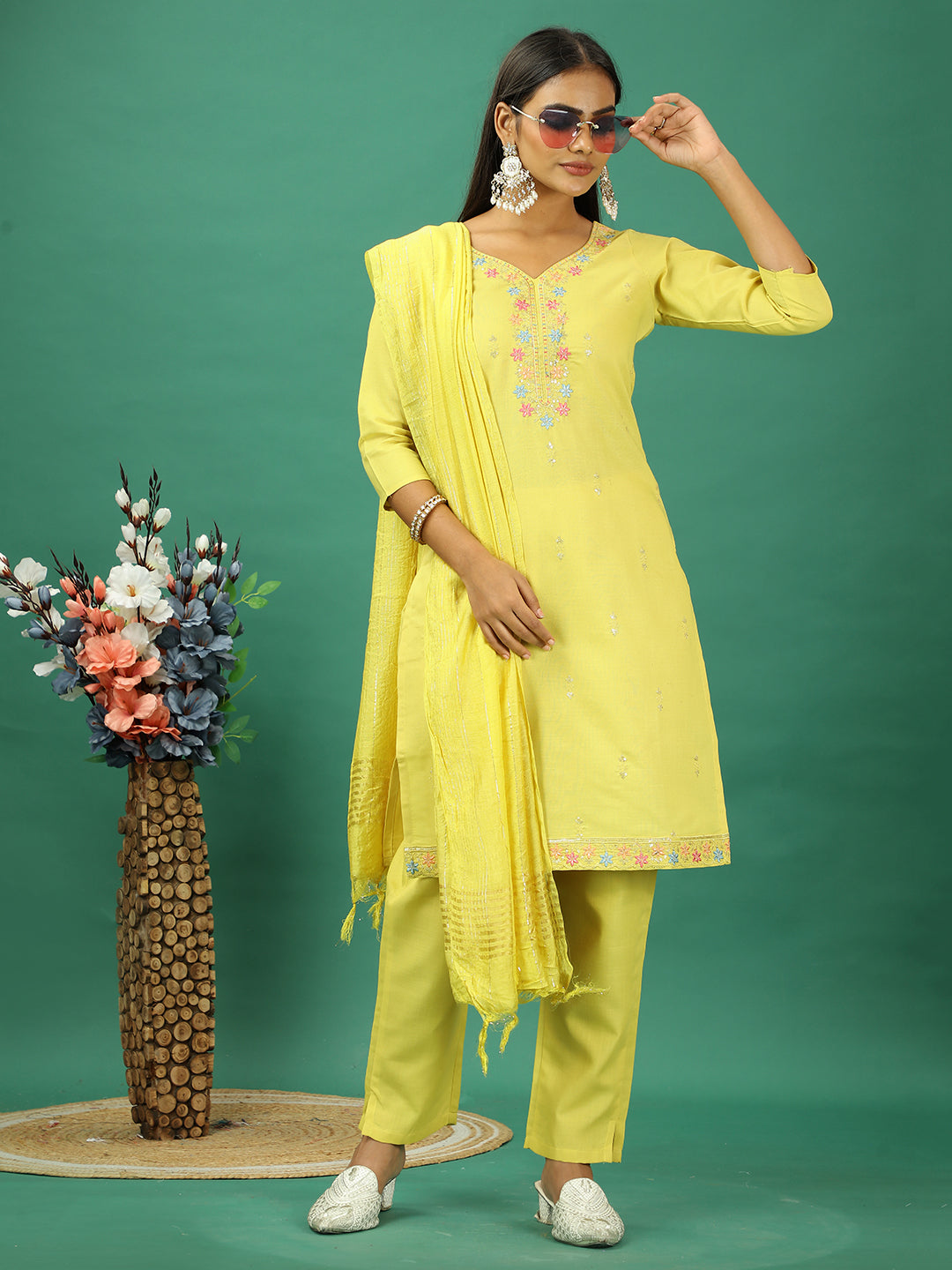 Bollywood Vogue Ready To Wear Yellow Rayon Embroidered Straight Pant Suit - Front View