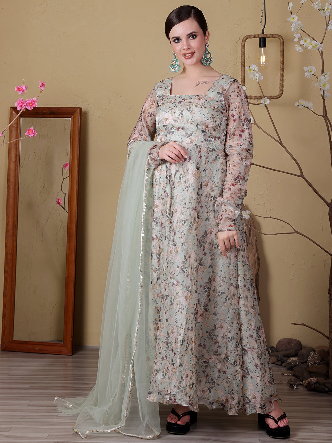 Bollywood Vogue Ready To Wear Sea Green Organza Satin Printed Anarkali Suit - Front View