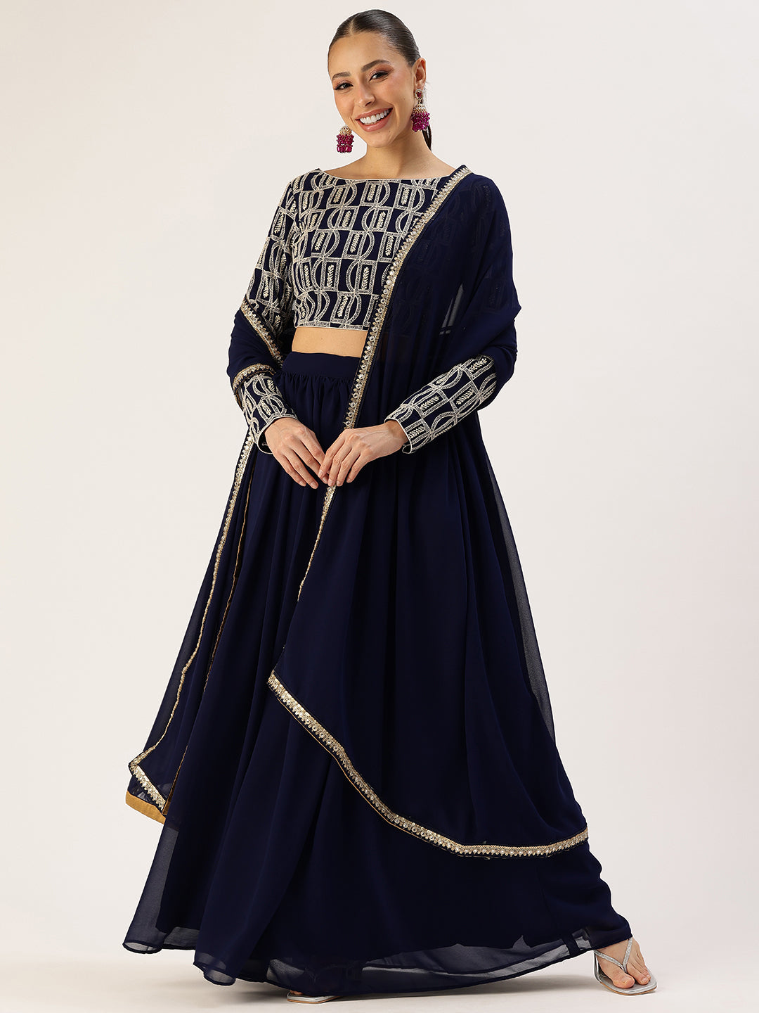 Bollywood Vogue Ready To Wear Blue Georgette Embroidered Boat Neck Lehenga - Front View