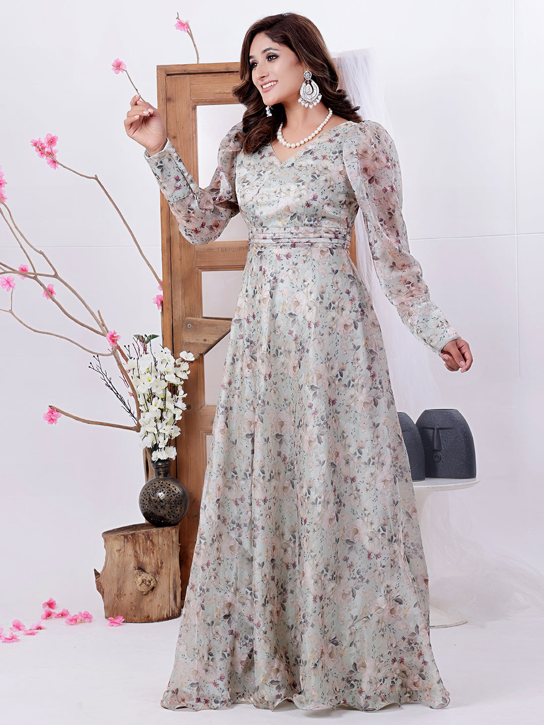 Bollywood Vogue Ready To Wear Multicolored Organza Satin Overlapped Style Gown - Side View