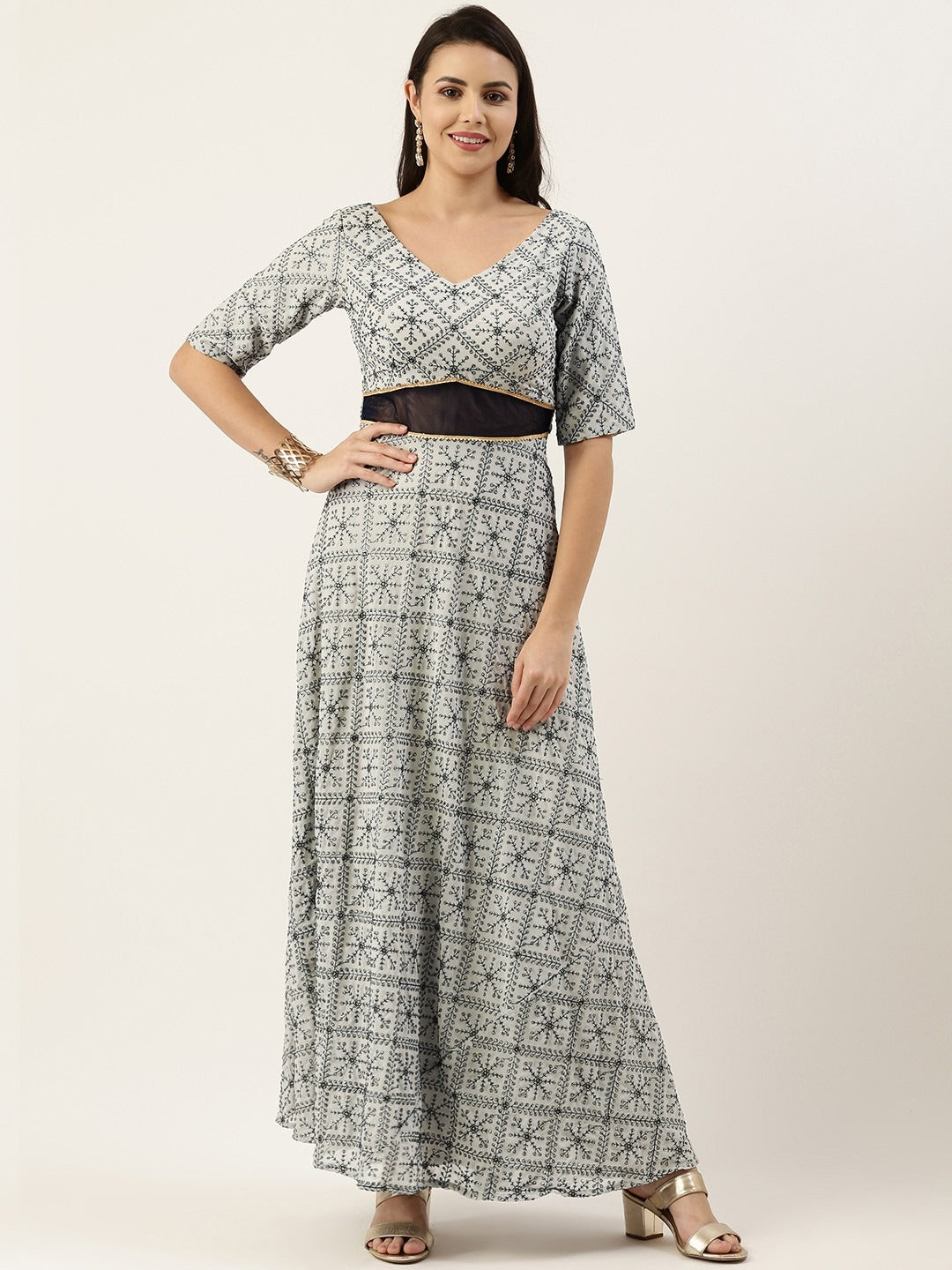 Bollywood Vogue Ready To Wear Grey Embroidered Ankle Length Gown - Front View