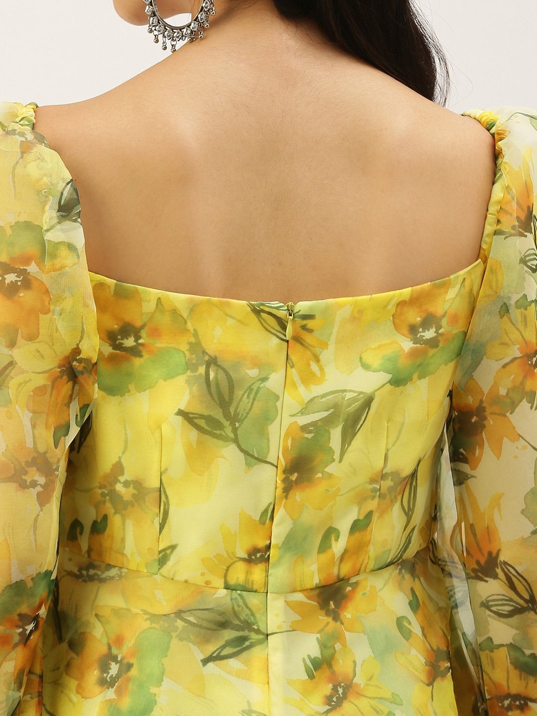 Bollywood Vogue Ready To Wear Yellow Printed organza Maxi Dress - Look Shot