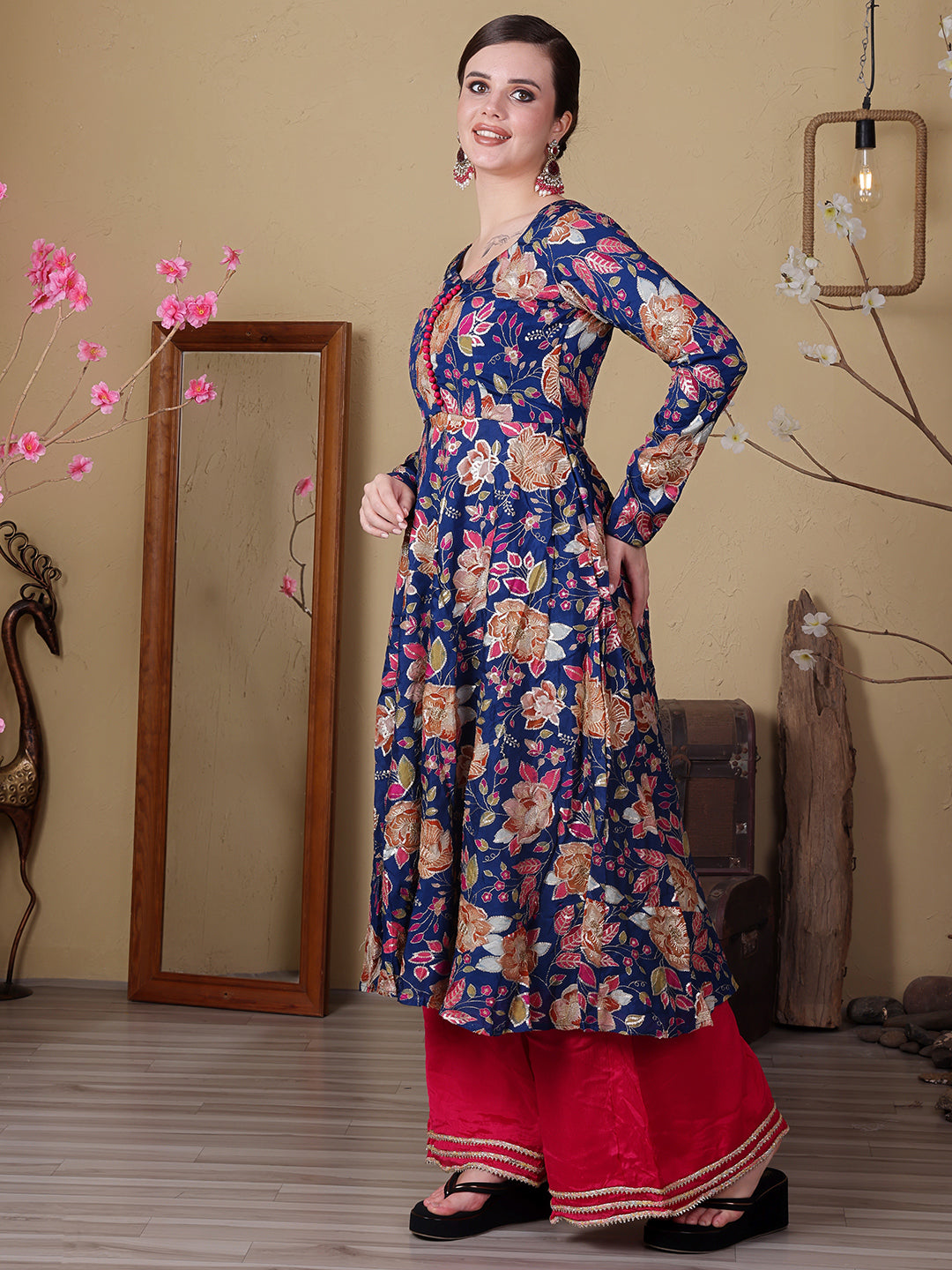 Bollywood Vogue Ready To Wear Blue Viscose Printed N Pink Chinon Anarkali Suit - Side View