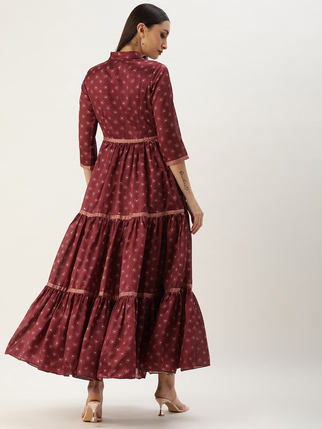 Bollywood Vogue Ready To Wear Maroon Art Silk Printed Tiered Gathered Style Gown - Back View