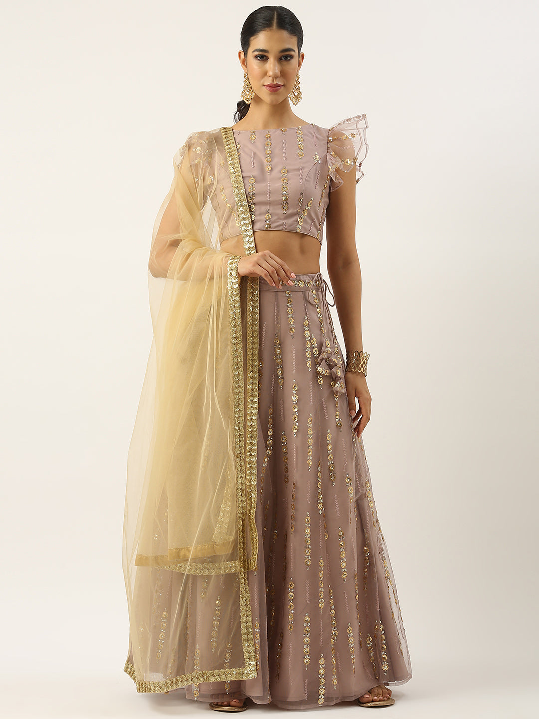 Bollywood Vogue Ready To Wear Mauve Net Sequins Embroidered Lehenga Set - Front View