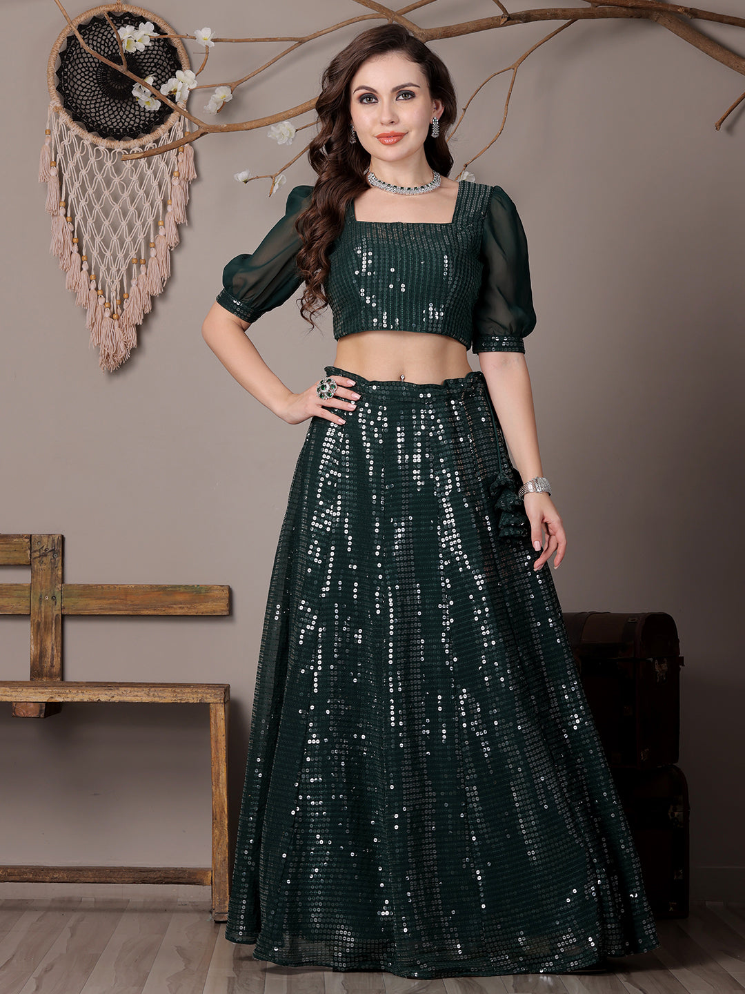 Bollywood Vogue Ready To Wear Green Georgette Embroidered Lehenga - Additional View 1