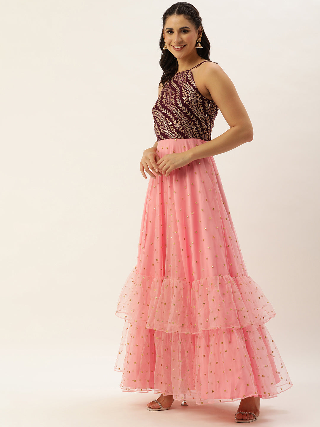 Bollywood Vogue Ready To Wear Pink N Wine Chinon Embroidered Gown - Side View