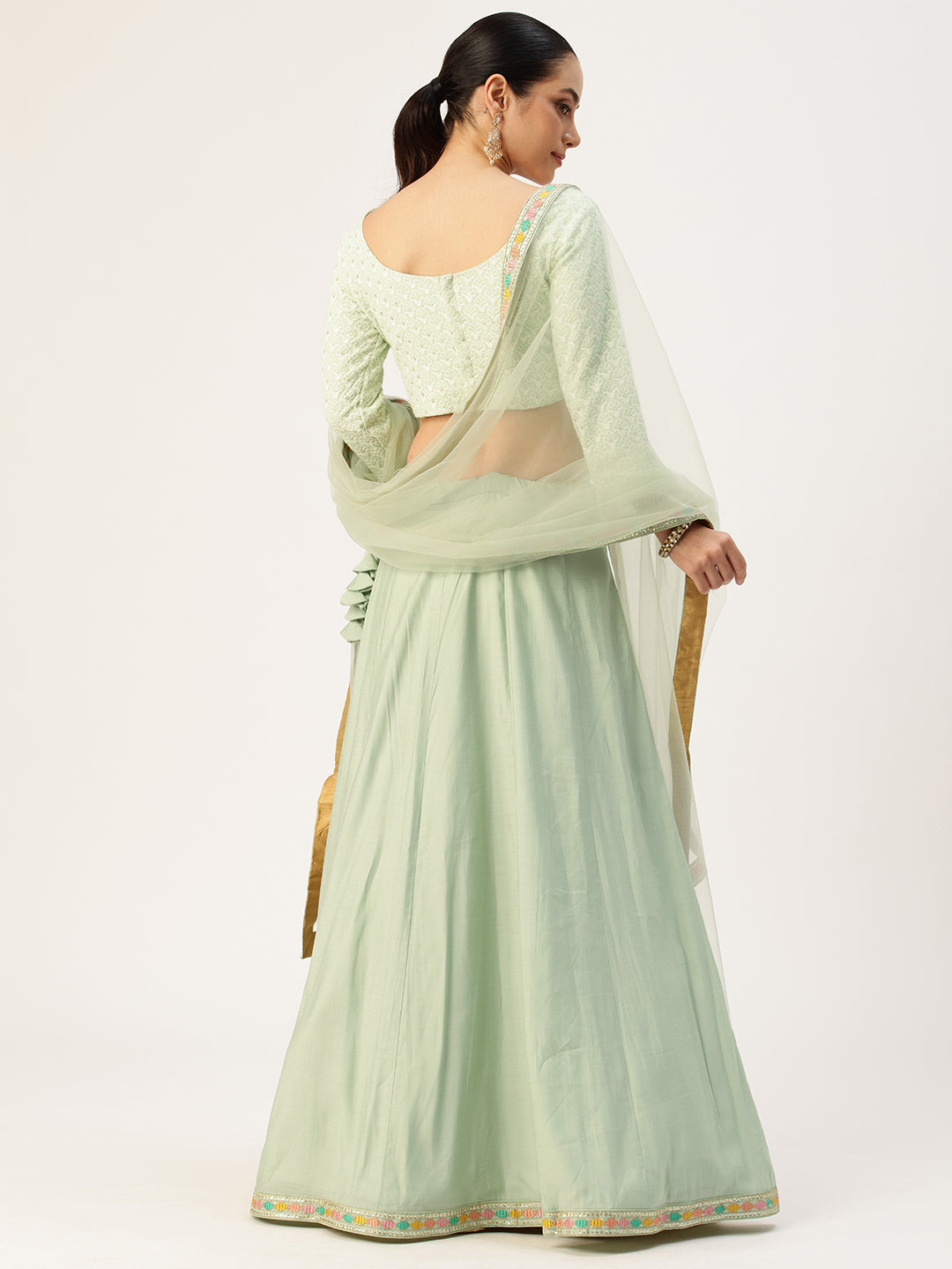Bollywood Vogue Ready To Wear Mint Green Embroidered Kali Style Lehenga Set - Back View