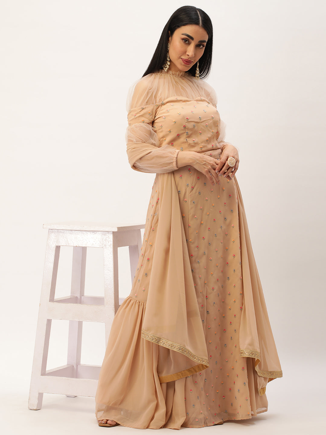 Bollywood Vogue Ready To Wear Peach Georgette Embroidered Lehenga Set - Front View