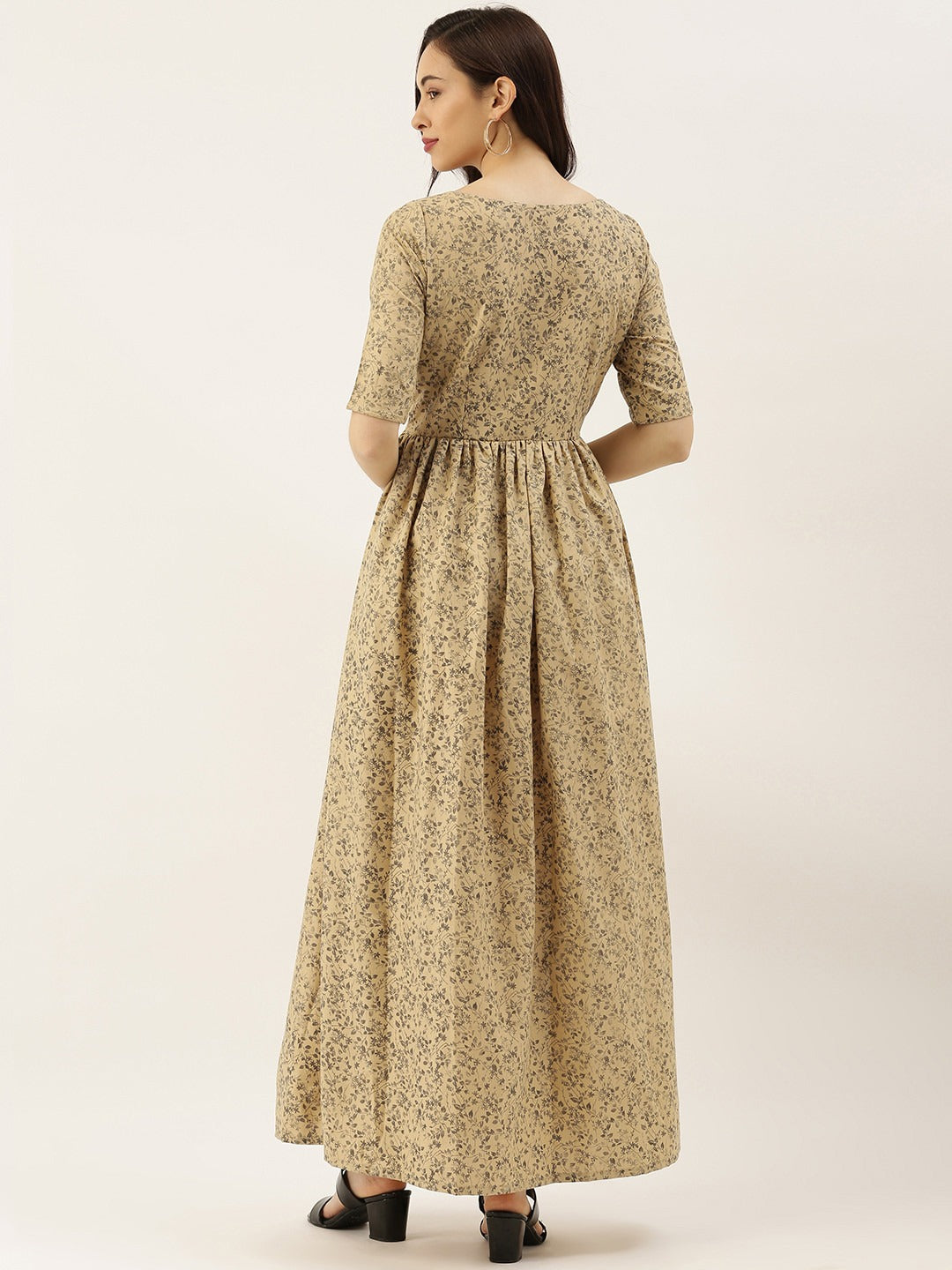 Bollywood Vogue Ready To Wear Beige Printed Rayon Boat Neck Maxi Dress - Back View