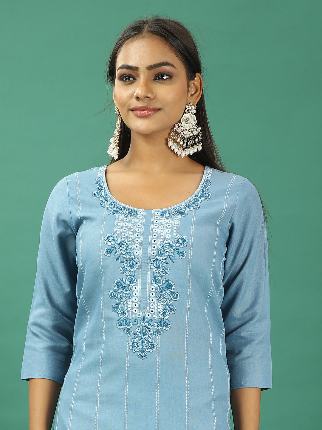 Bollywood Vogue Ready To Wear Blue Rayon Embroidered Straight Pant Suit - Detail View