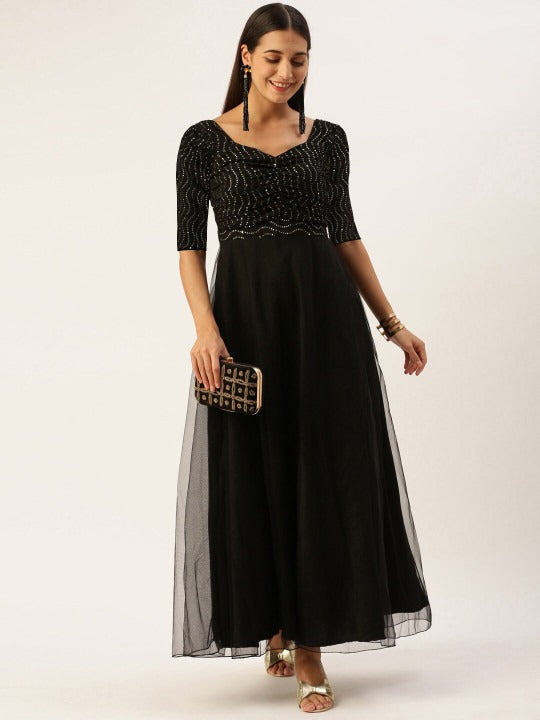 Bollywood Vogue Ready To Wear Black Georgette Embroidered N Net Dress - Detail View