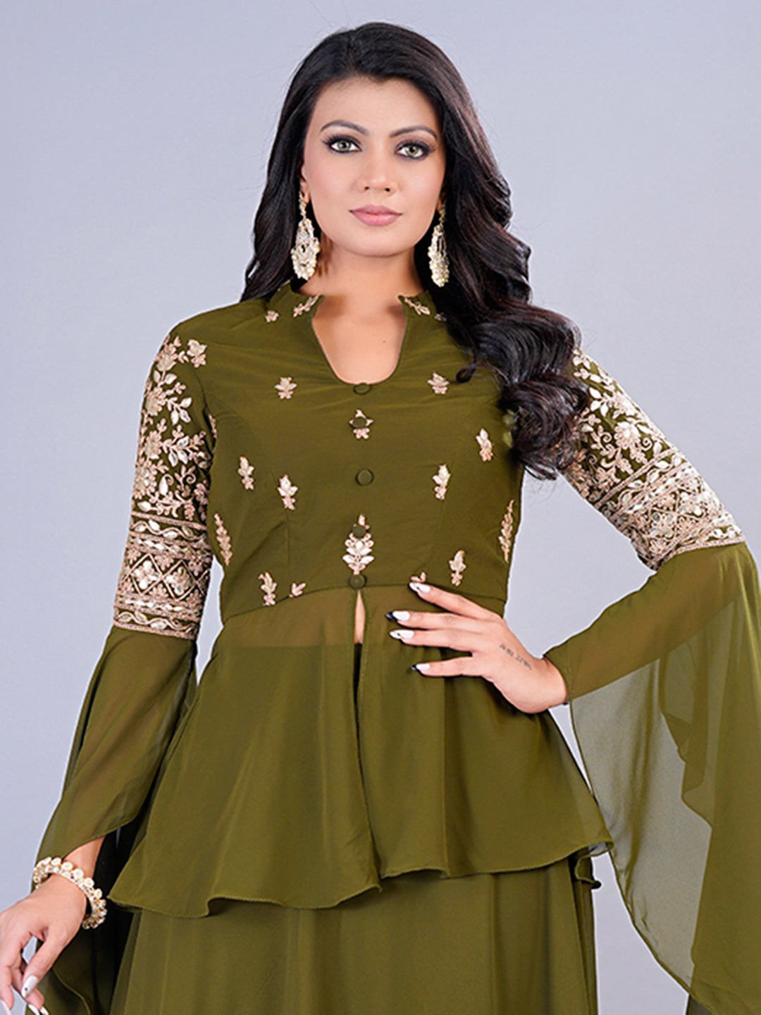 Bollywood Vogue Ready To Wear Green Embroidered Georgette Skirt Set - Detail View
