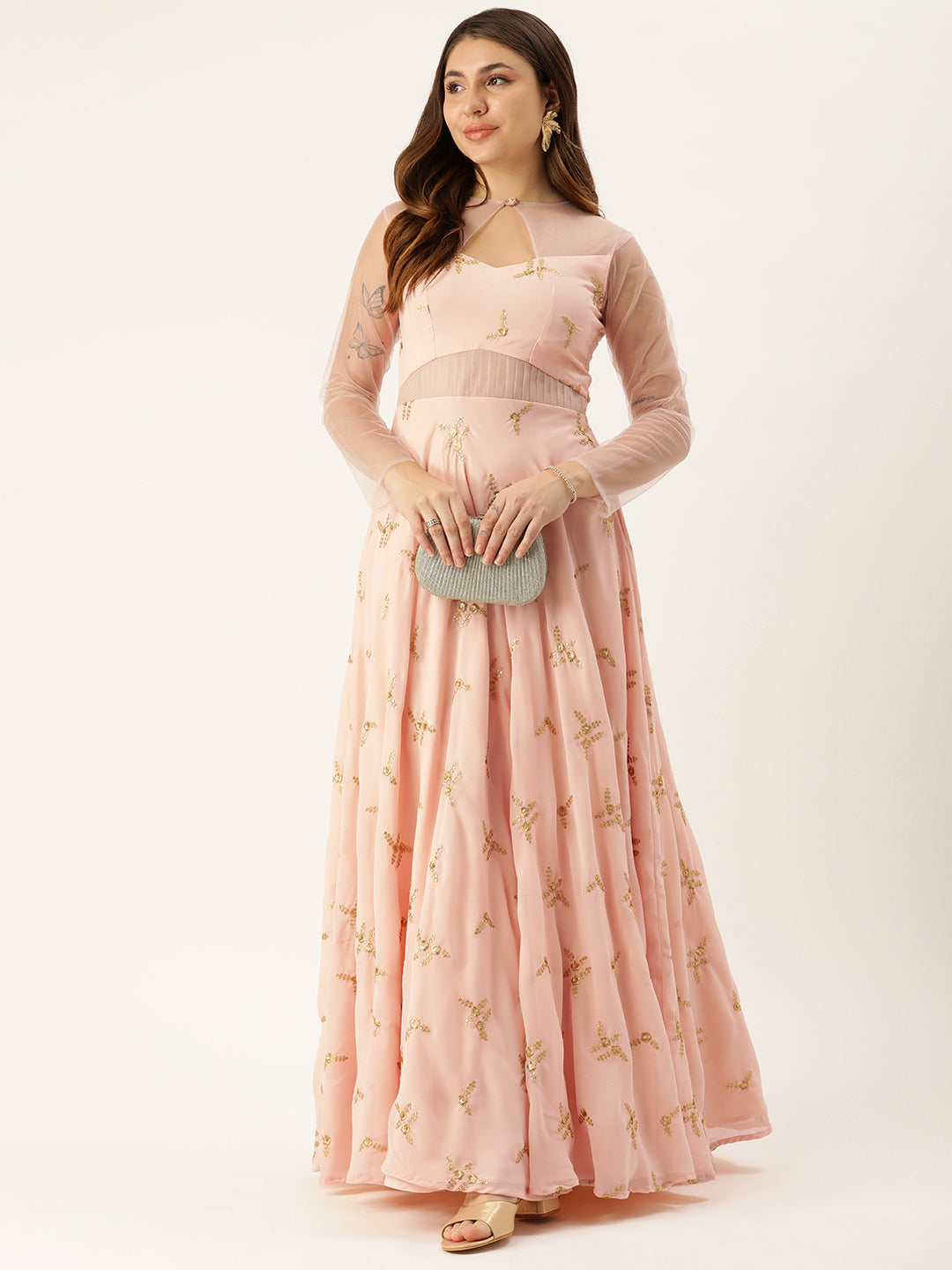 Bollywood Vogue Ready To Wear Peach Georgette Embroidered Gown - Front View
