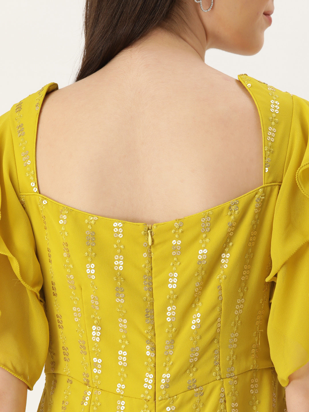 Bollywood Vogue Ready To Wear Mustard Sequins Embroidered Georgette Jumpsuit - Detail View