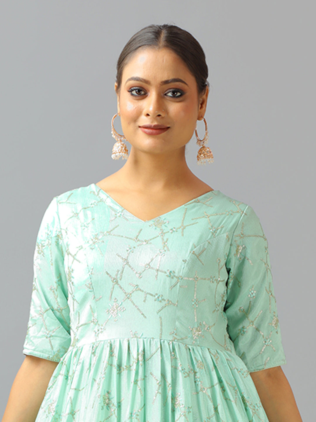 Bollywood Vogue Ready To Wear Classic Pistachio Green Embroidered Anarkali Suit - Detail View