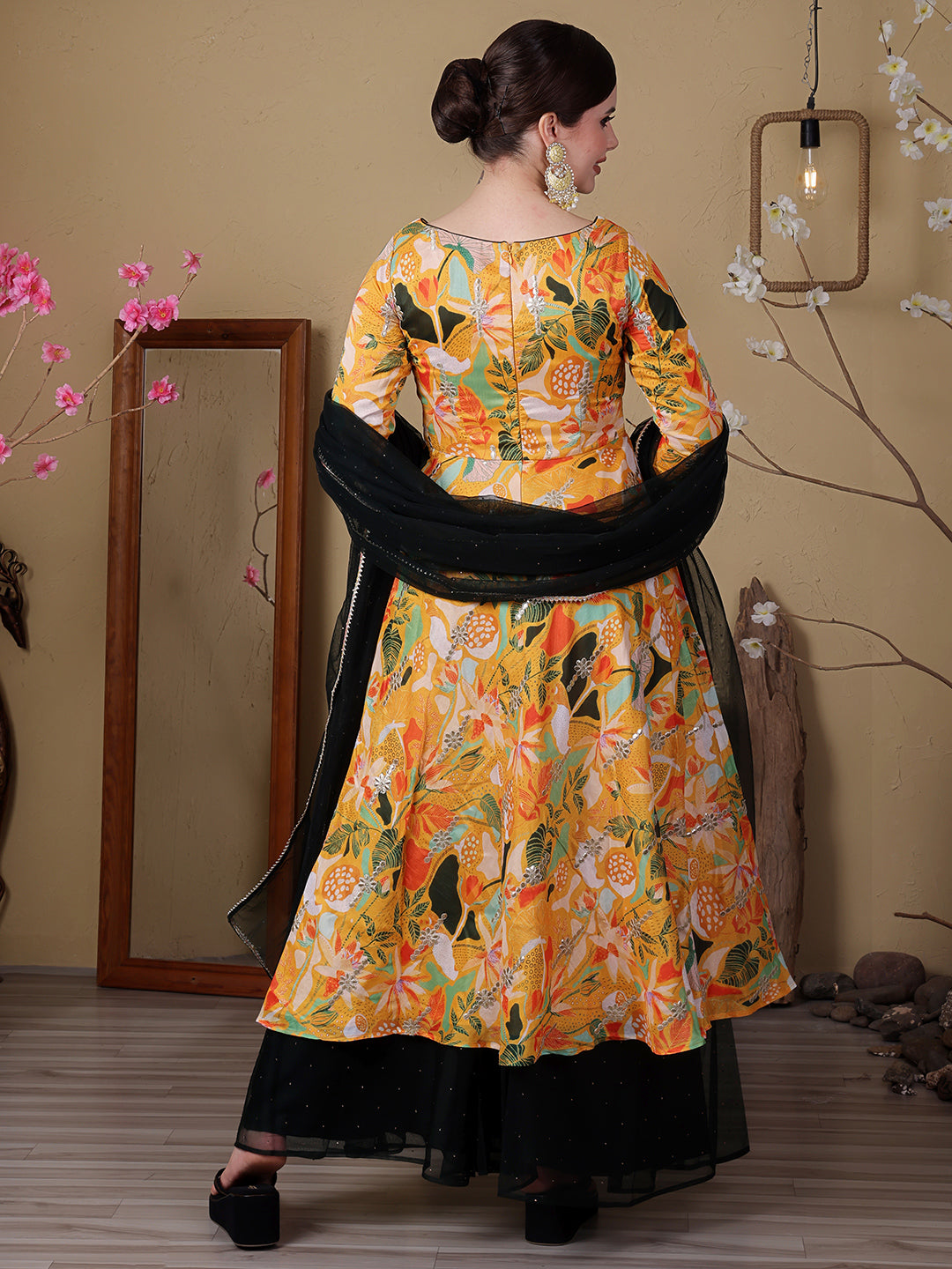 Bollywood Vogue Ready To Wear Green N Yellow Art Silk Embroidered Anarkali Suit - Back View