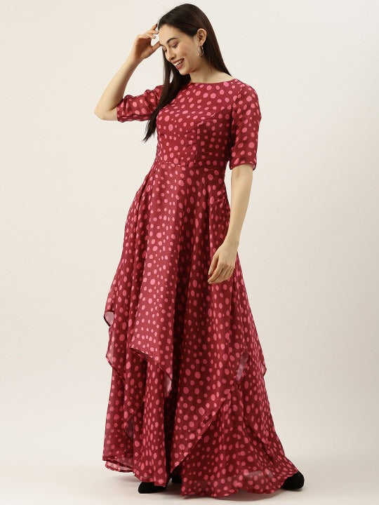 Bollywood Vogue Ready To Wear Maroon Satin Printed handkerchief Gown - Side View