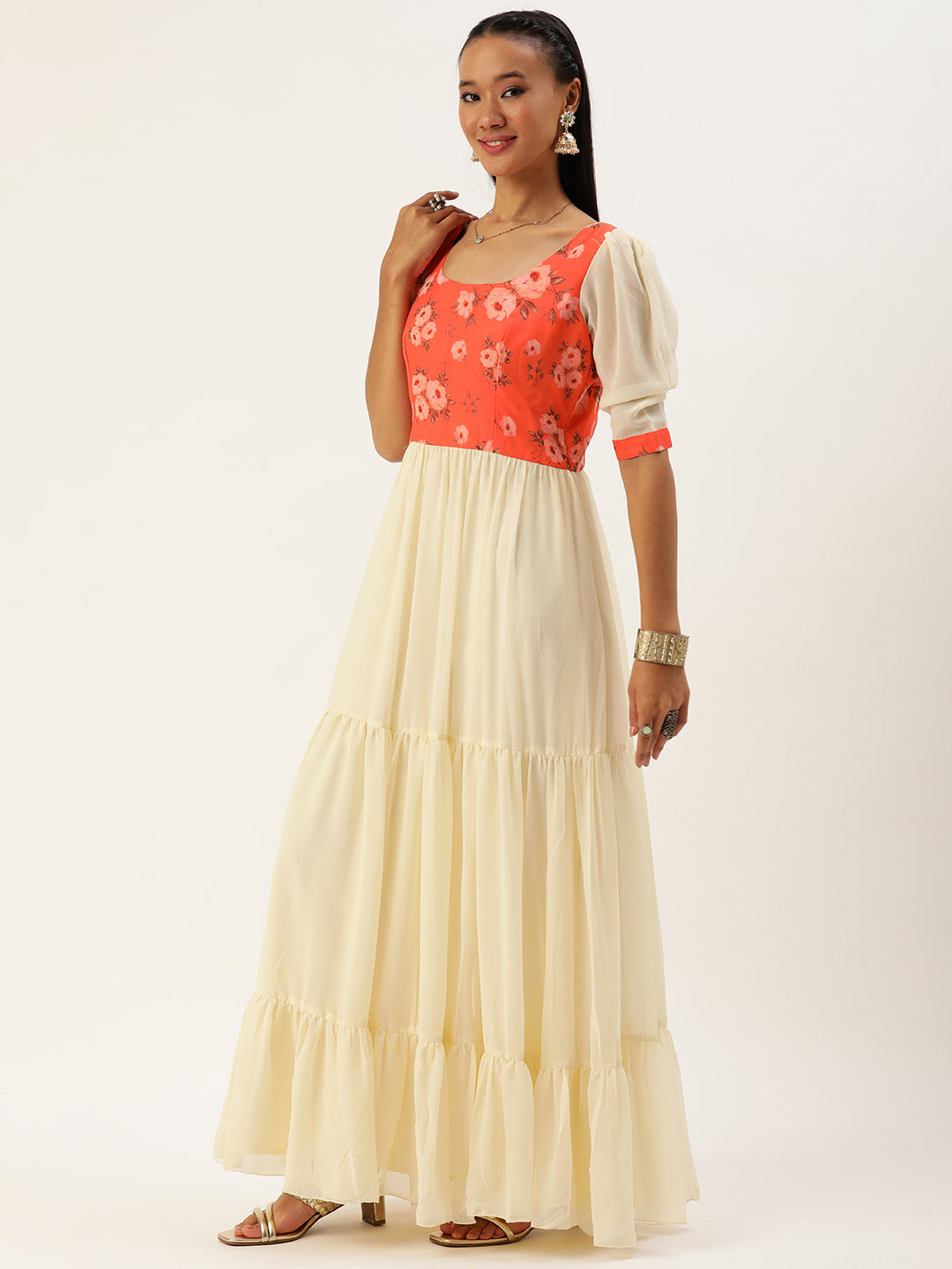 Bollywood Vogue Ready To Wear Orange N Off White Printed Dress - Side View