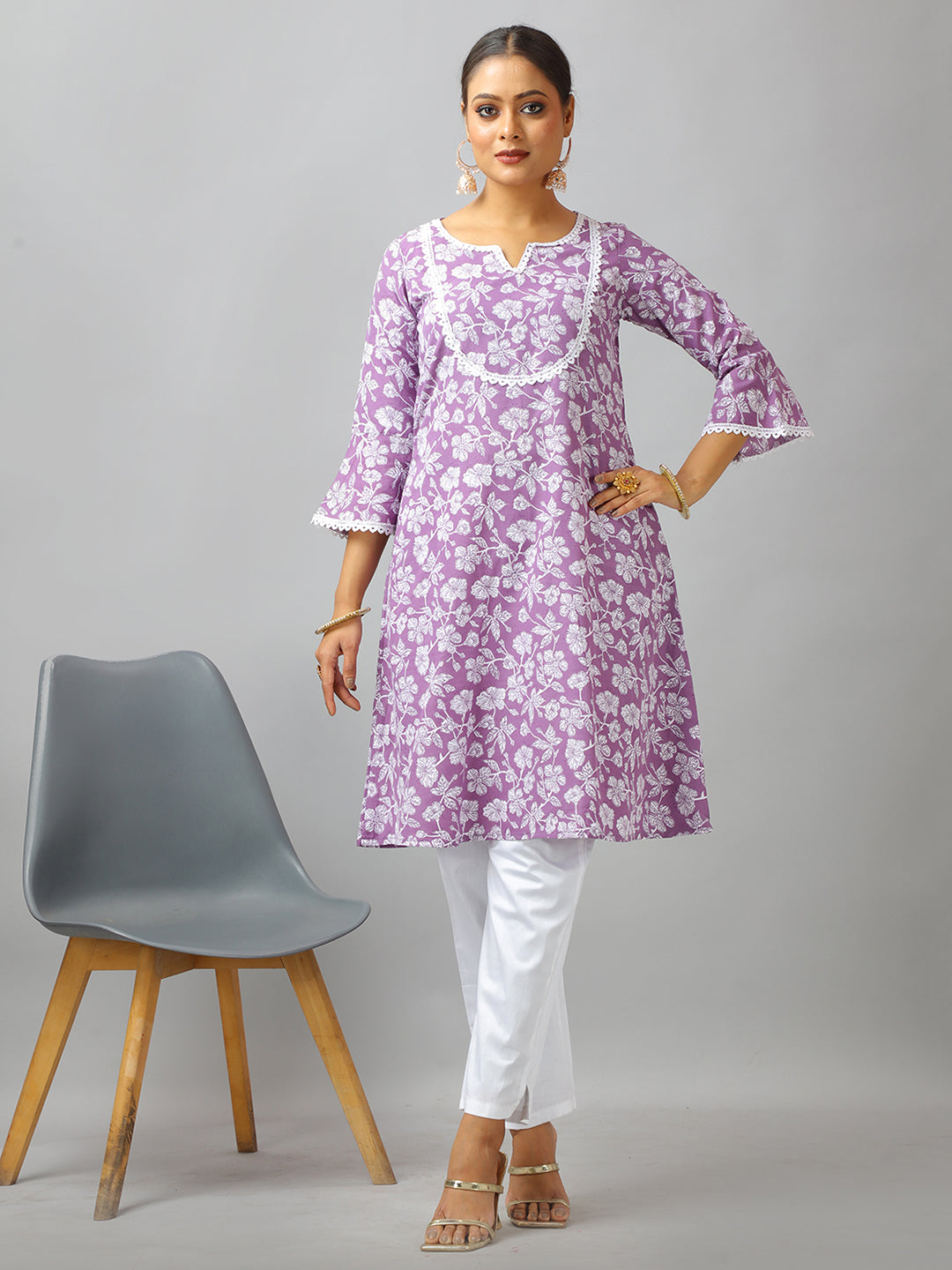Bollywood Vogue Ready To Wear Lavender Art Silk Cotton Kurta Straight Pant Suit - Detail View