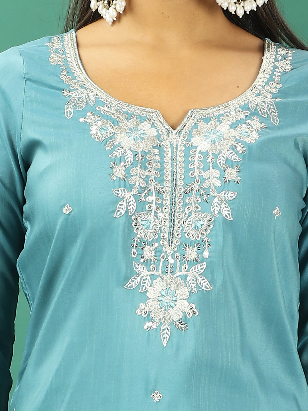 Bollywood Vogue Ready To Wear Turquoise Blue Silk Narrow Straight Pant Suit - Additional View 1