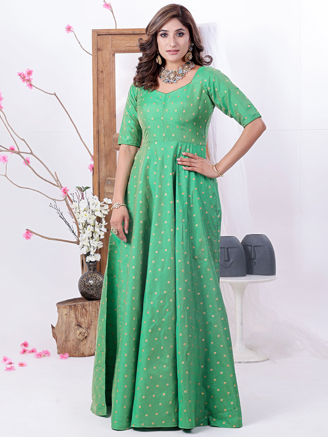Bollywood Vogue Ready To Wear Green Taffeta Gown - Front View