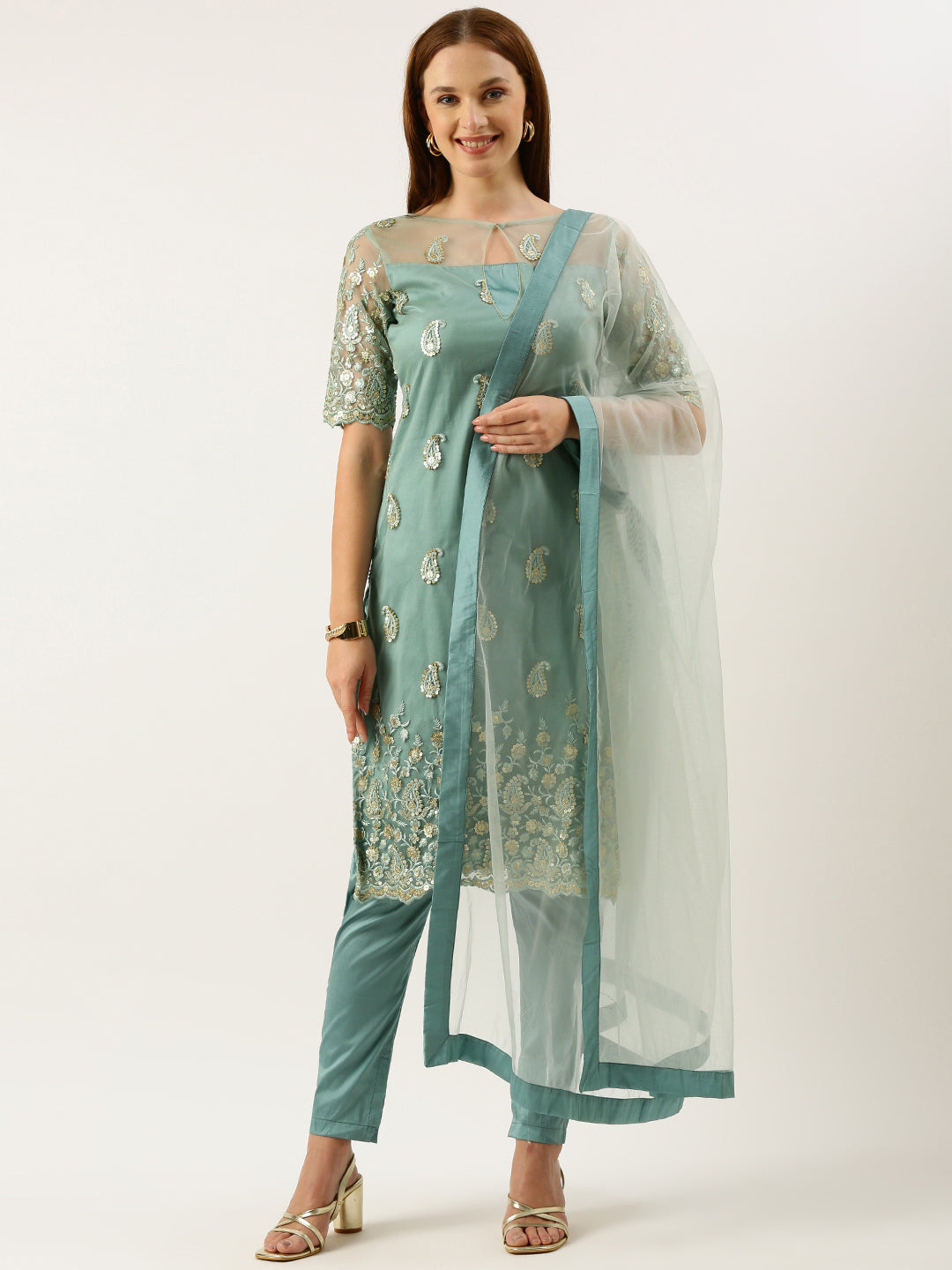 Bollywood Vogue Ready To Wear Light Blue Net Embroidered Salwar Set - Front View