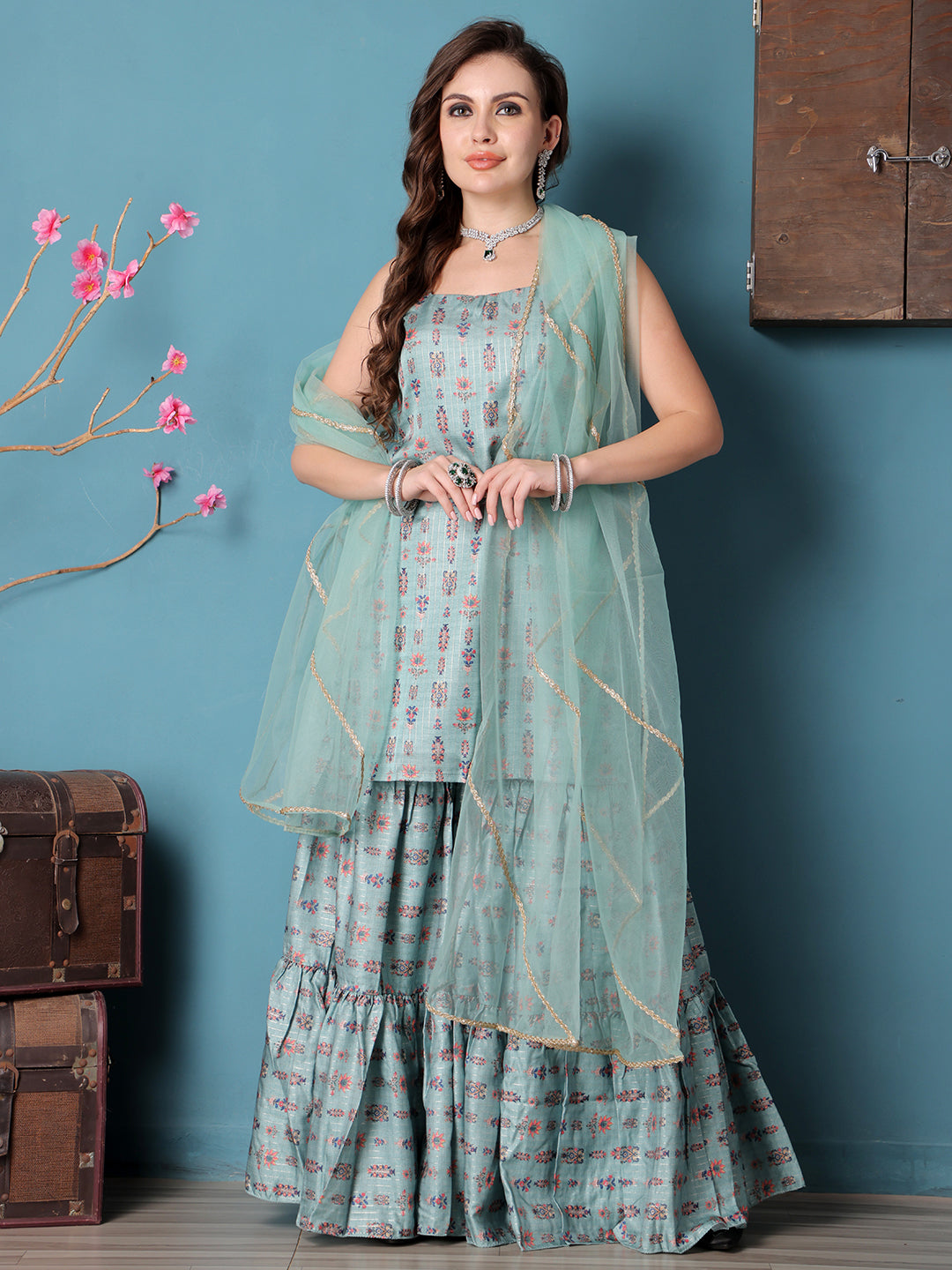 Bollywood Vogue Ready To Wear Green Art Silk Digital Printed Gharara Suit - Front View