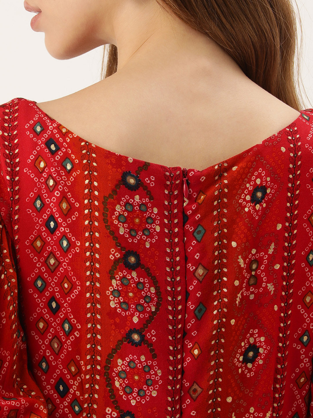 Bollywood Vogue Ready To Wear Red Printed Viscose Fabric Dress - Detail View
