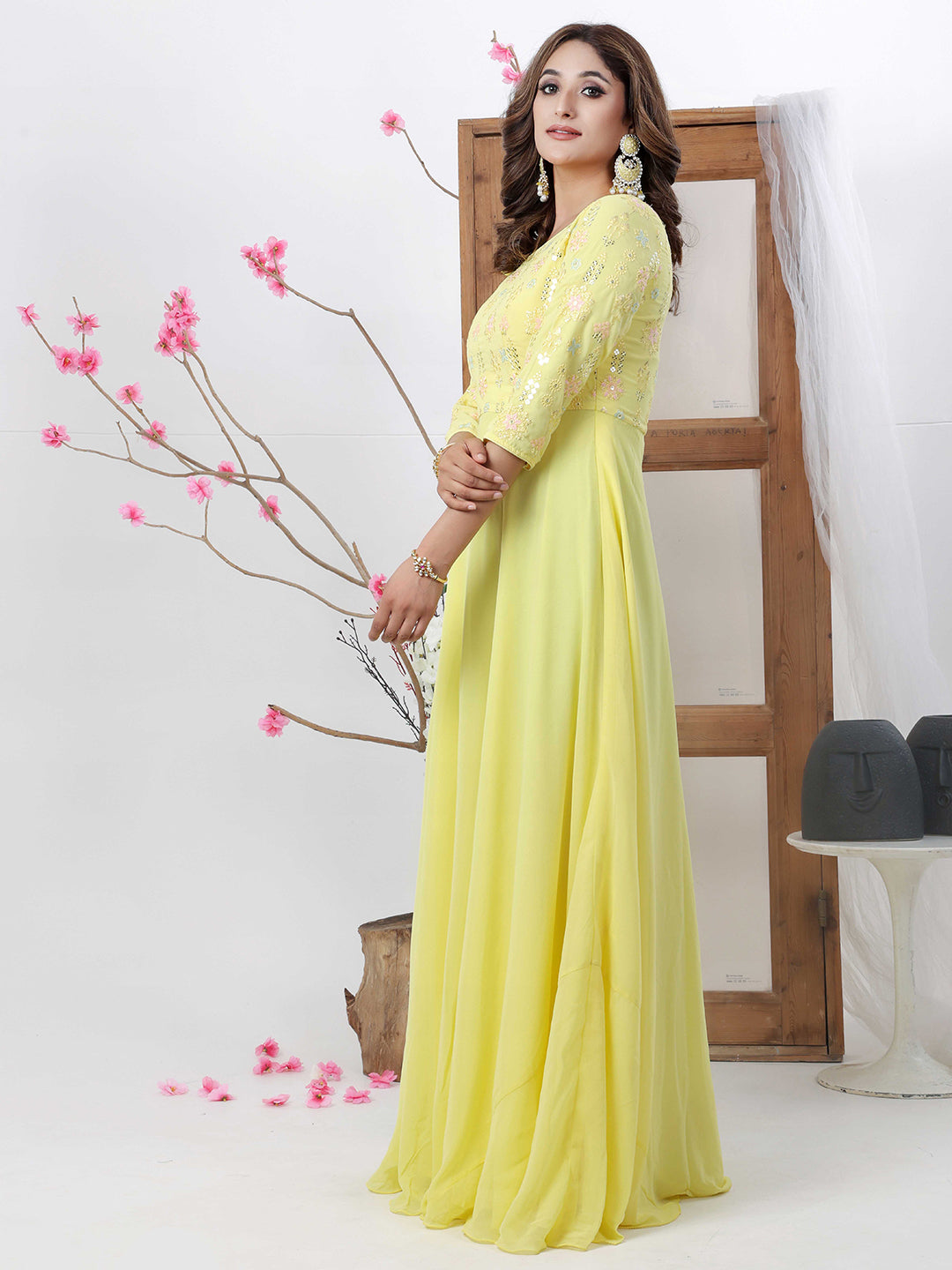 Bollywood Vogue Ready To Wear Yellow Georgette One Shoulder Style Gown - Side View