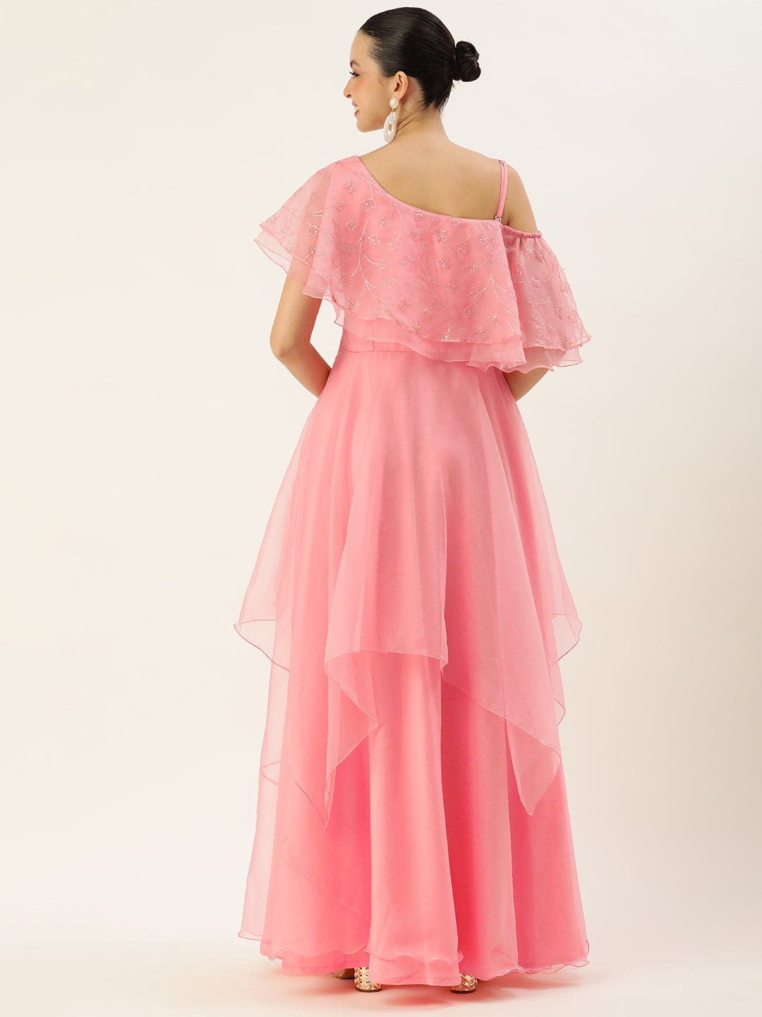 Bollywood Vogue Ready To Wear Pink Embroidered Organza Gown - Back View