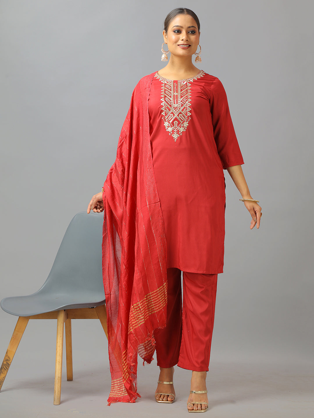 Bollywood Vogue Ready To Wear Maroon Art Silk Embroidered Straight Pant Suit - Front View