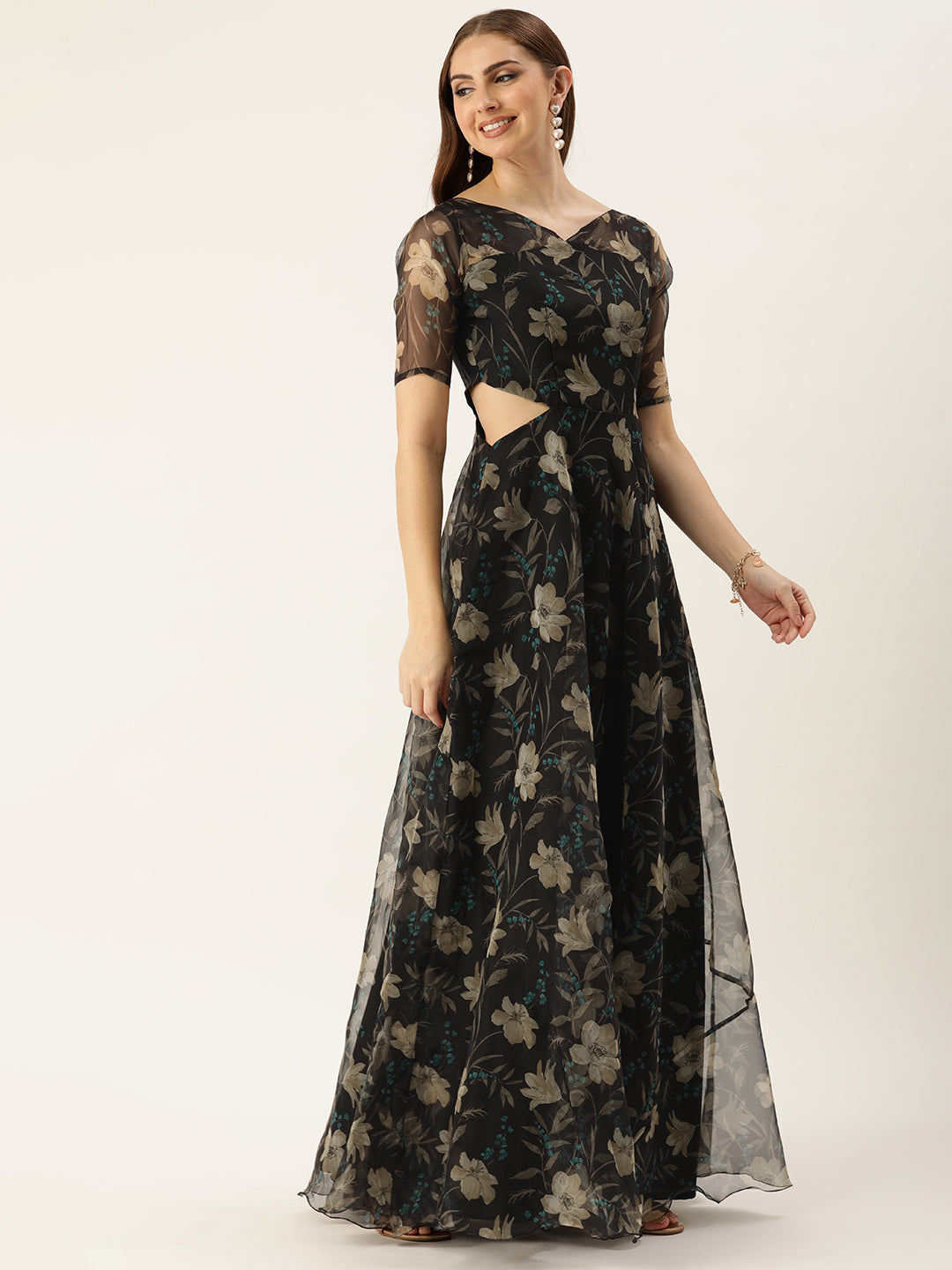 Bollywood Vogue Ready To Wear Black Digital Printed Organza Gown - Side View