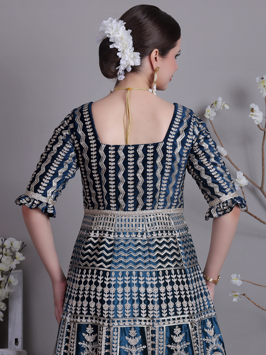 Bollywood Vogue Ready To Wear Classic Top With Teal Blue Velvet Anarkali Suit - Additional View 1